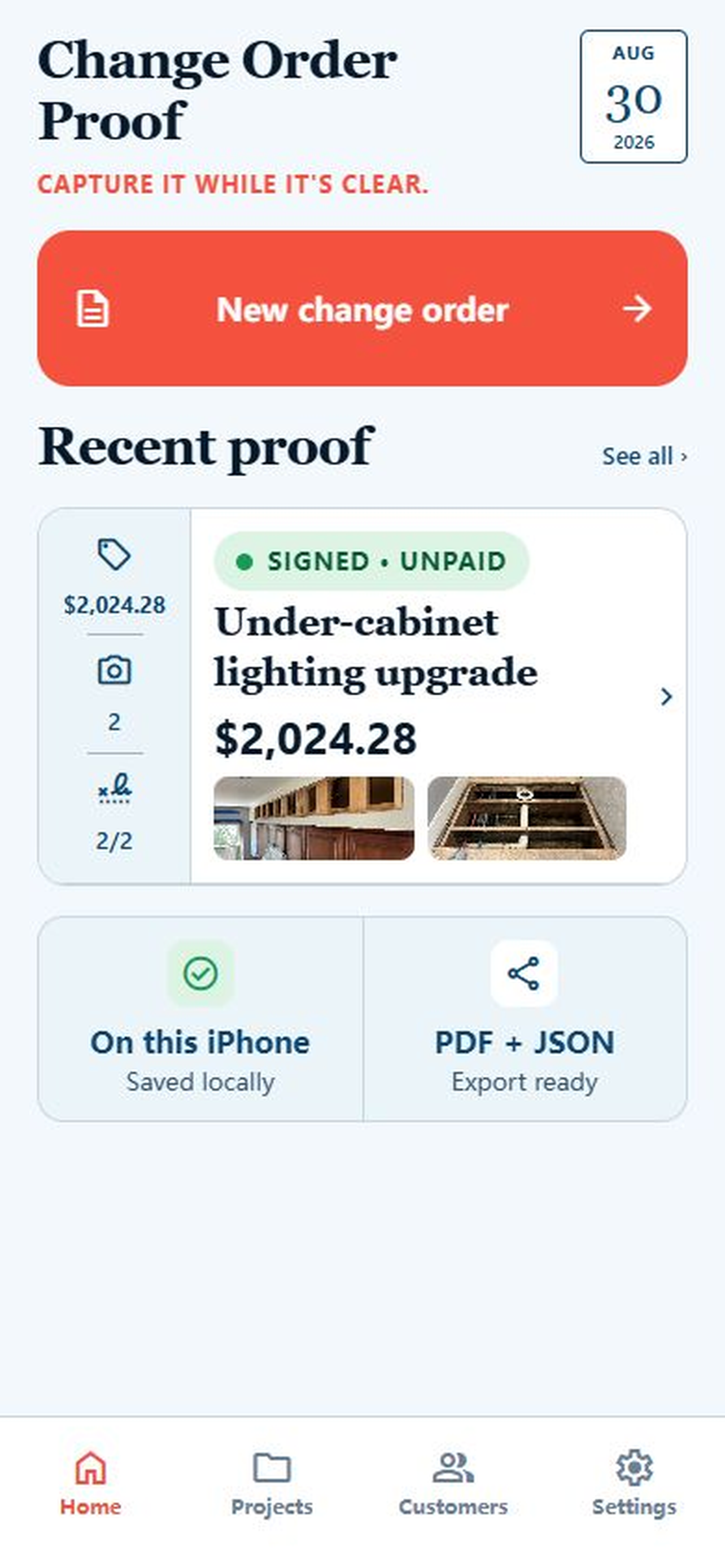 Change Order Proof iPhone screen showing a construction change-order record