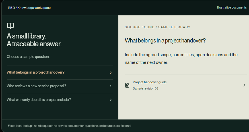 Illustrative knowledge workspace showing a source-linked answer and a choice of sample questions