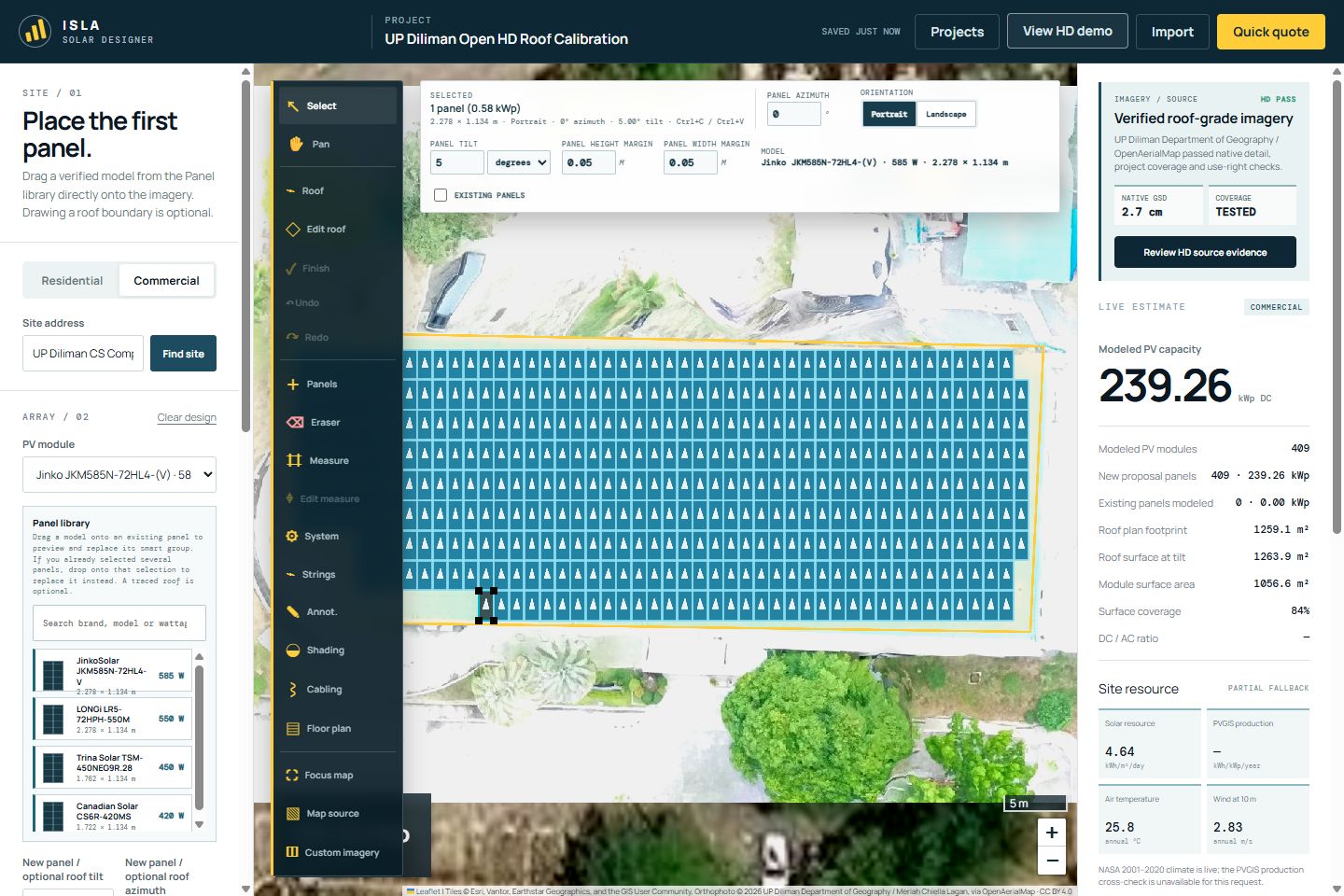 Isla Solar Designer showing the UP Diliman calibration demo, an editable panel array and planning results